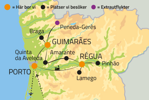 Geografisk karta ver Porto och Dourodalen i Portugal.